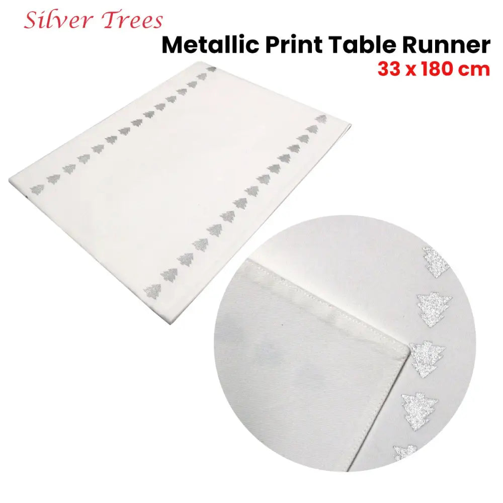 Silver Trees Cotton Metallic Print Table Runner 33 x 180 cm - Home & Garden > Kitchenware