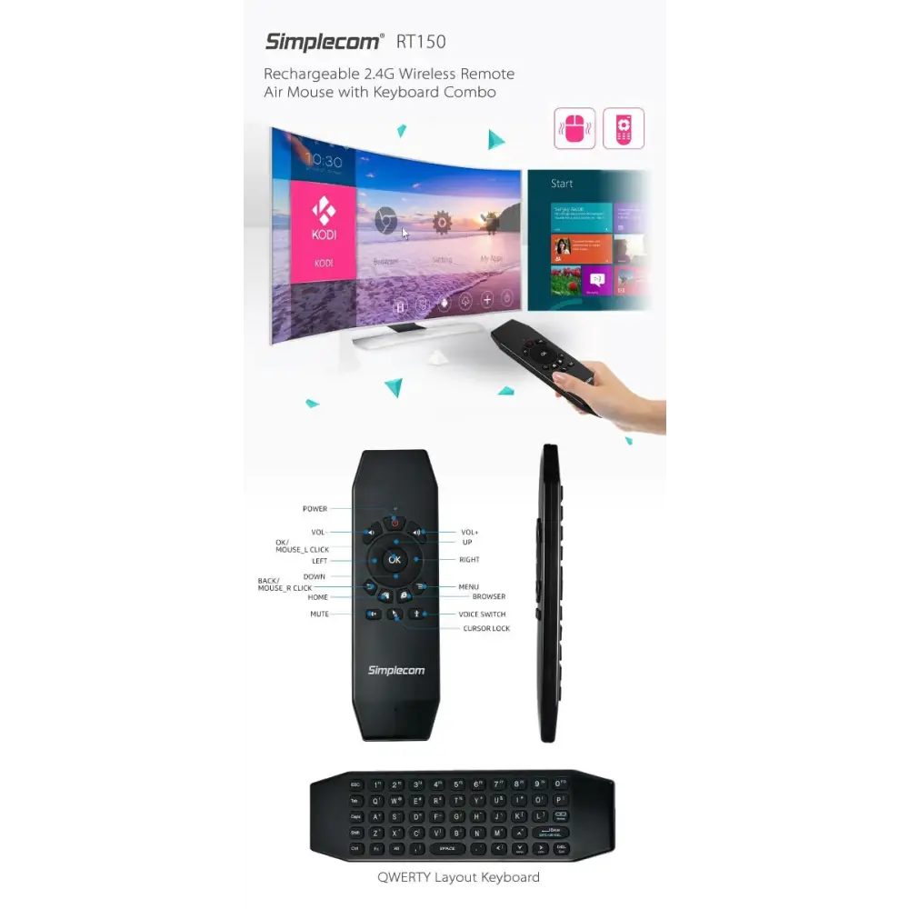 Simplecom RT150 2.4GHz Wireless Remote Air Mouse Keyboard with IR Learning - Audio & Video > TV Accessories