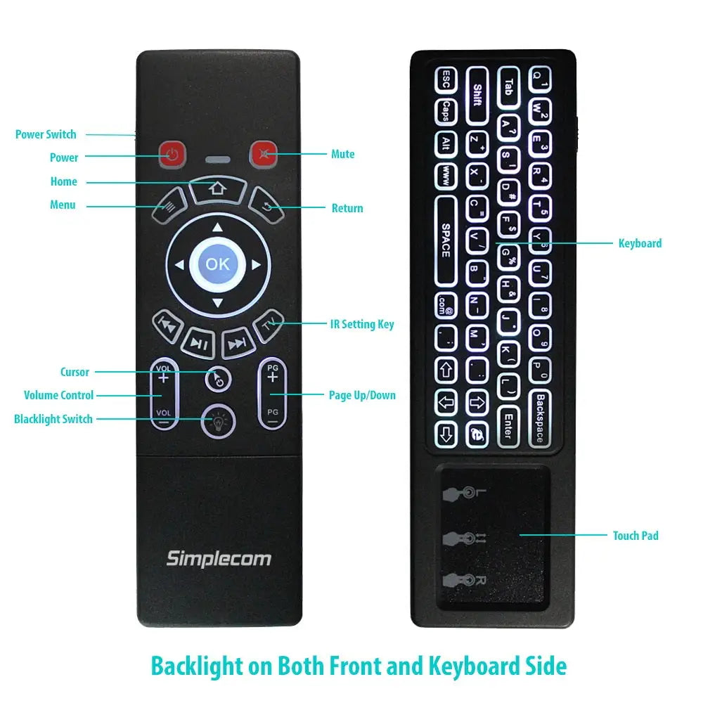 Simplecom RT250 Rechargeable 2.4GHz Wireless Remote Air Mouse Keyboard with Touch Pad and Backlight - Audio & Video >