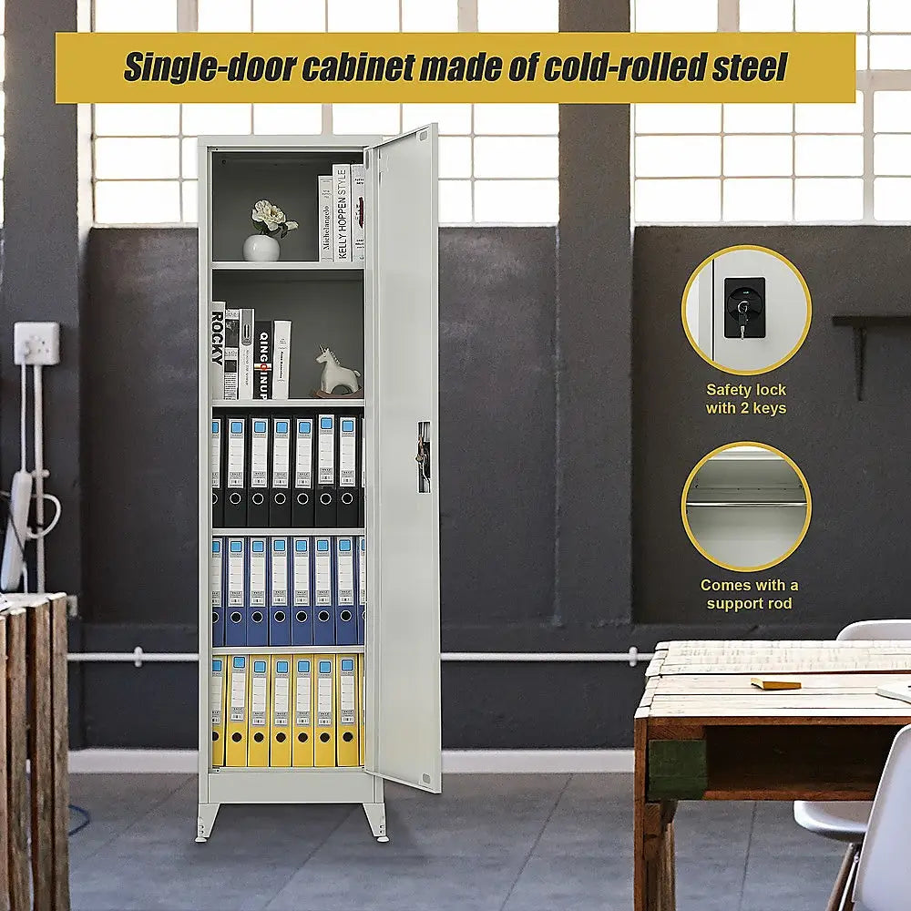 Single-Door Metal Tall Cabinet Shelf Storage for Home Office Gym - Furniture > Office