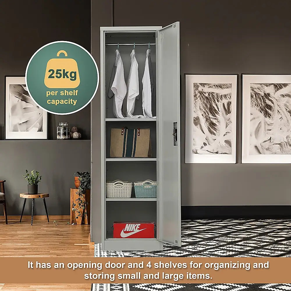Single-Door Metal Tall Cabinet Shelf Storage for Home Office Gym - Furniture > Office