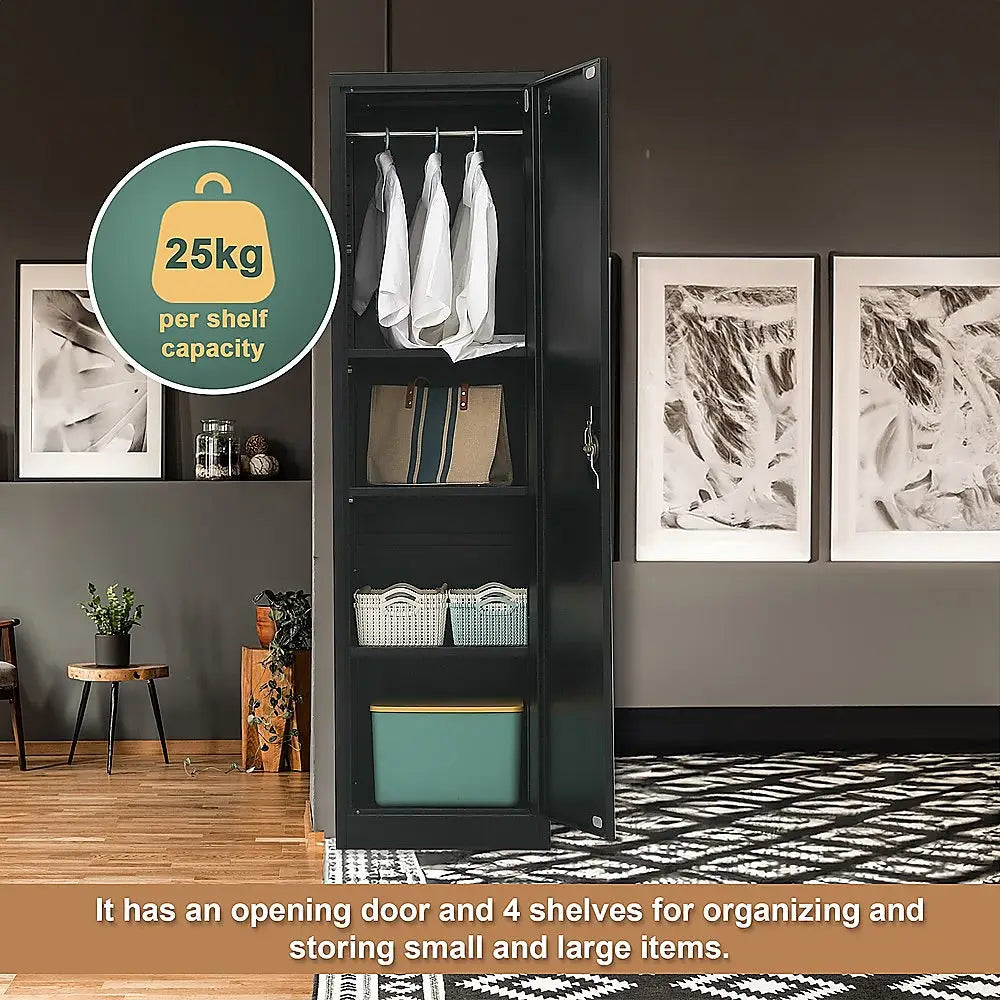 Single-Door Metal Tall Cabinet Shelf Storage for Home Office Gym - Furniture > Office