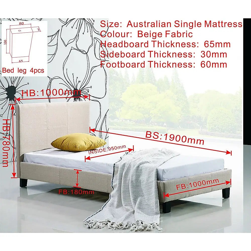 Single Linen Fabric Bed Frame Beige - Furniture > Bedroom > Beds & Bed Frames