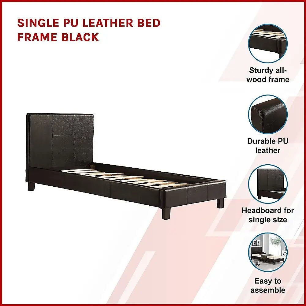 Single PU Leather Bed Frame Black - Furniture > Bedroom > Beds & Bed Frames