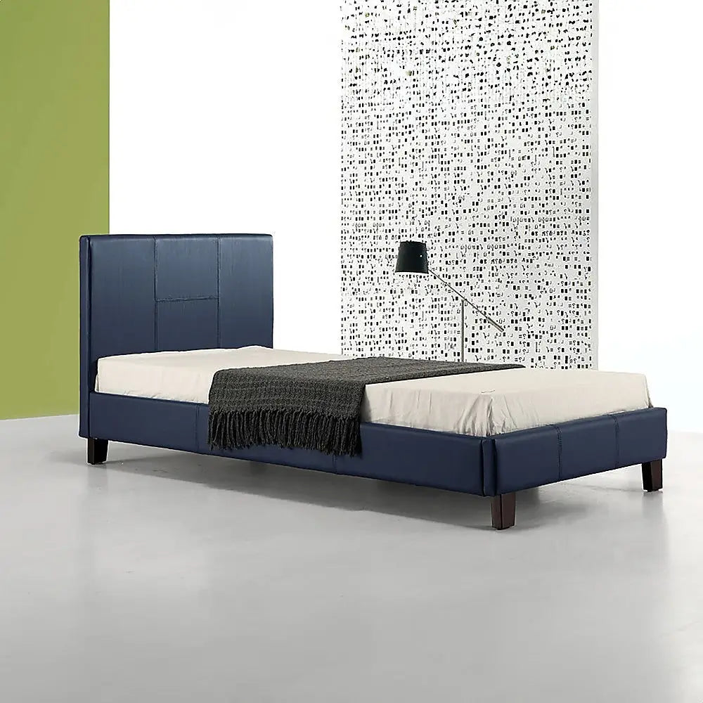 Single PU Leather Bed Frame Blue - Furniture > Bedroom