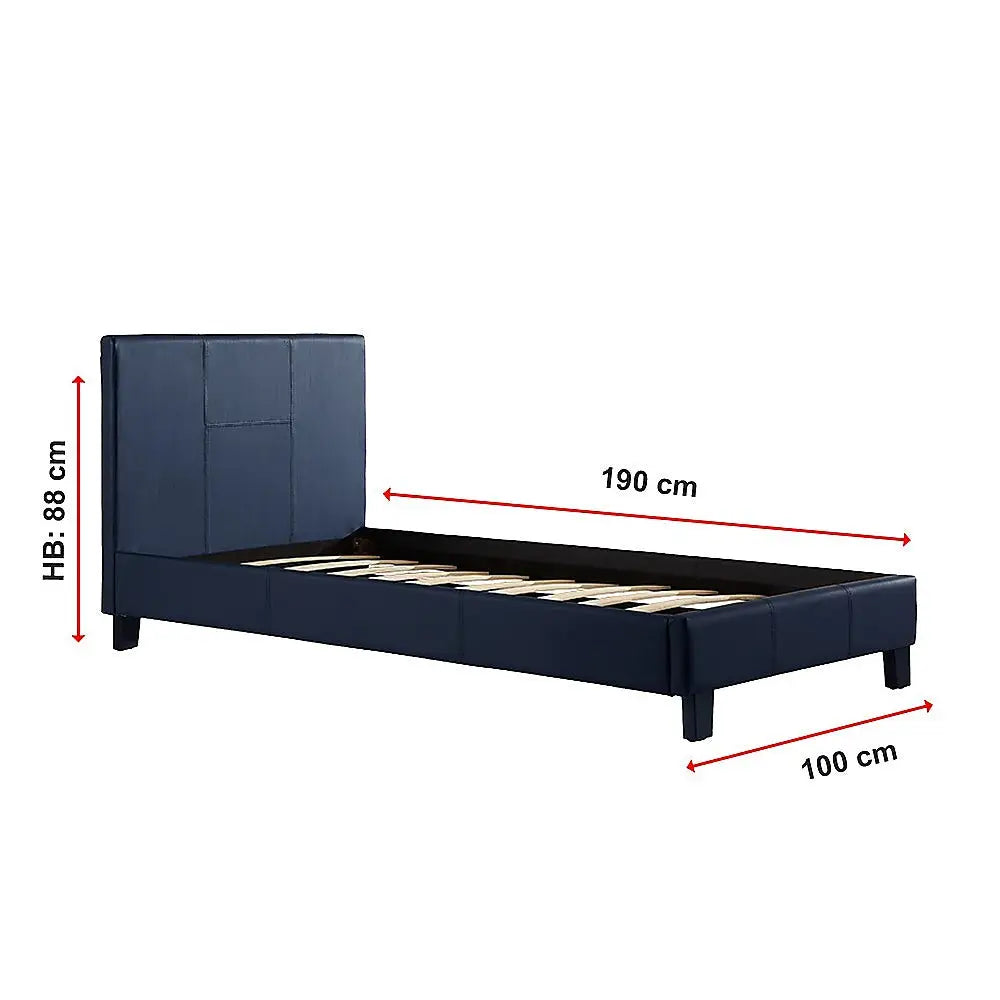 Single PU Leather Bed Frame Blue - Furniture > Bedroom