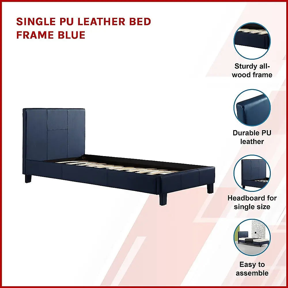 Single PU Leather Bed Frame Blue - Furniture > Bedroom