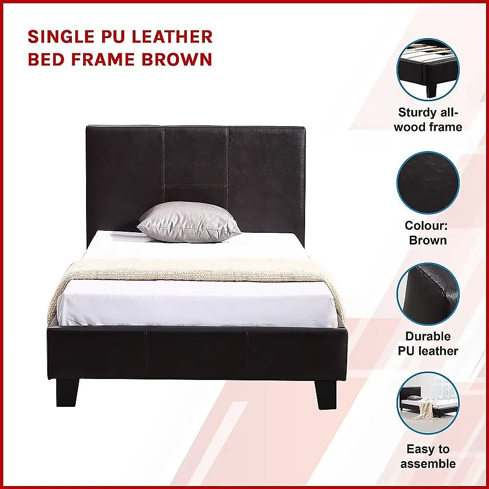 Single PU Leather Bed Frame Brown - Furniture > Bedroom > Beds & Bed Frames