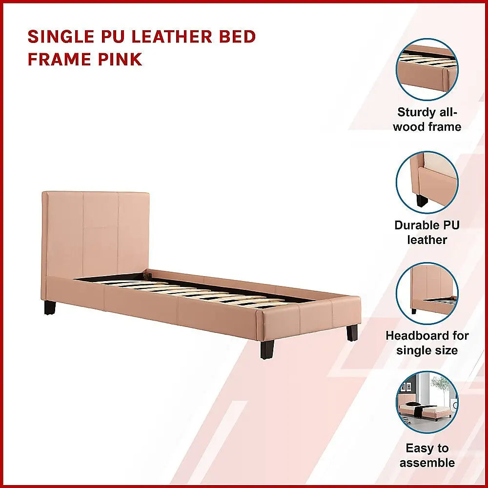 Single PU Leather Bed Frame Pink - Furniture > Bedroom