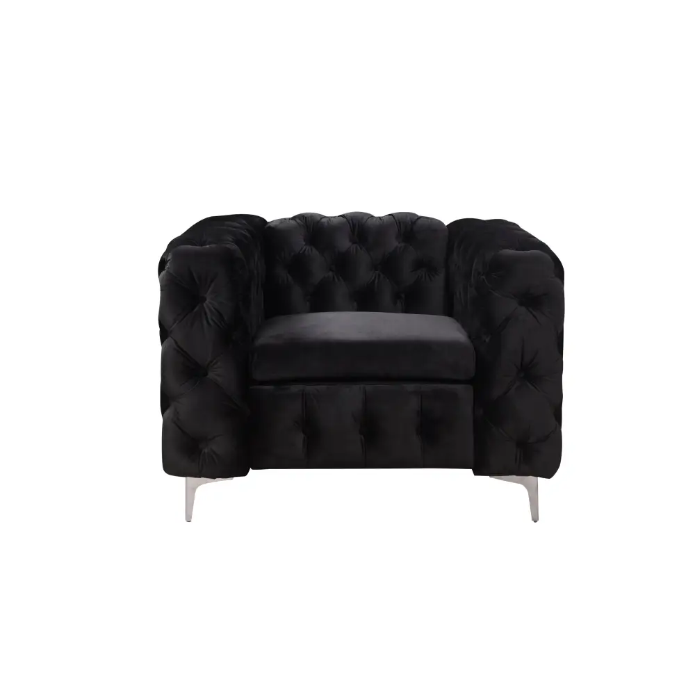 Single Seater Black Sofa Classic Armchair Button Tufted in Velvet Fabric with Metal Legs - Furniture > Sofas
