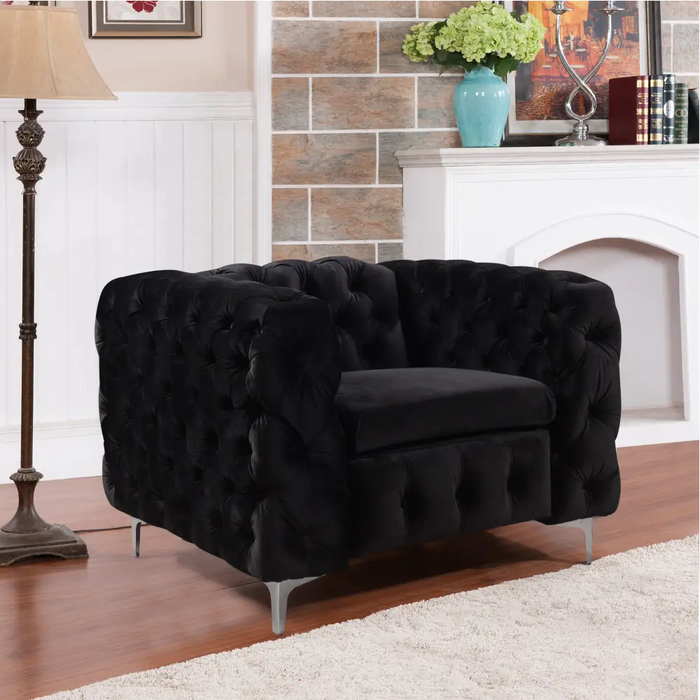 Single Seater Black Sofa Classic Armchair Button Tufted in Velvet Fabric with Metal Legs - Furniture > Sofas