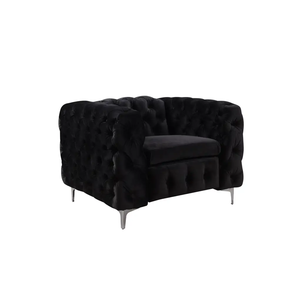 Single Seater Black Sofa Classic Armchair Button Tufted in Velvet Fabric with Metal Legs - Furniture > Sofas