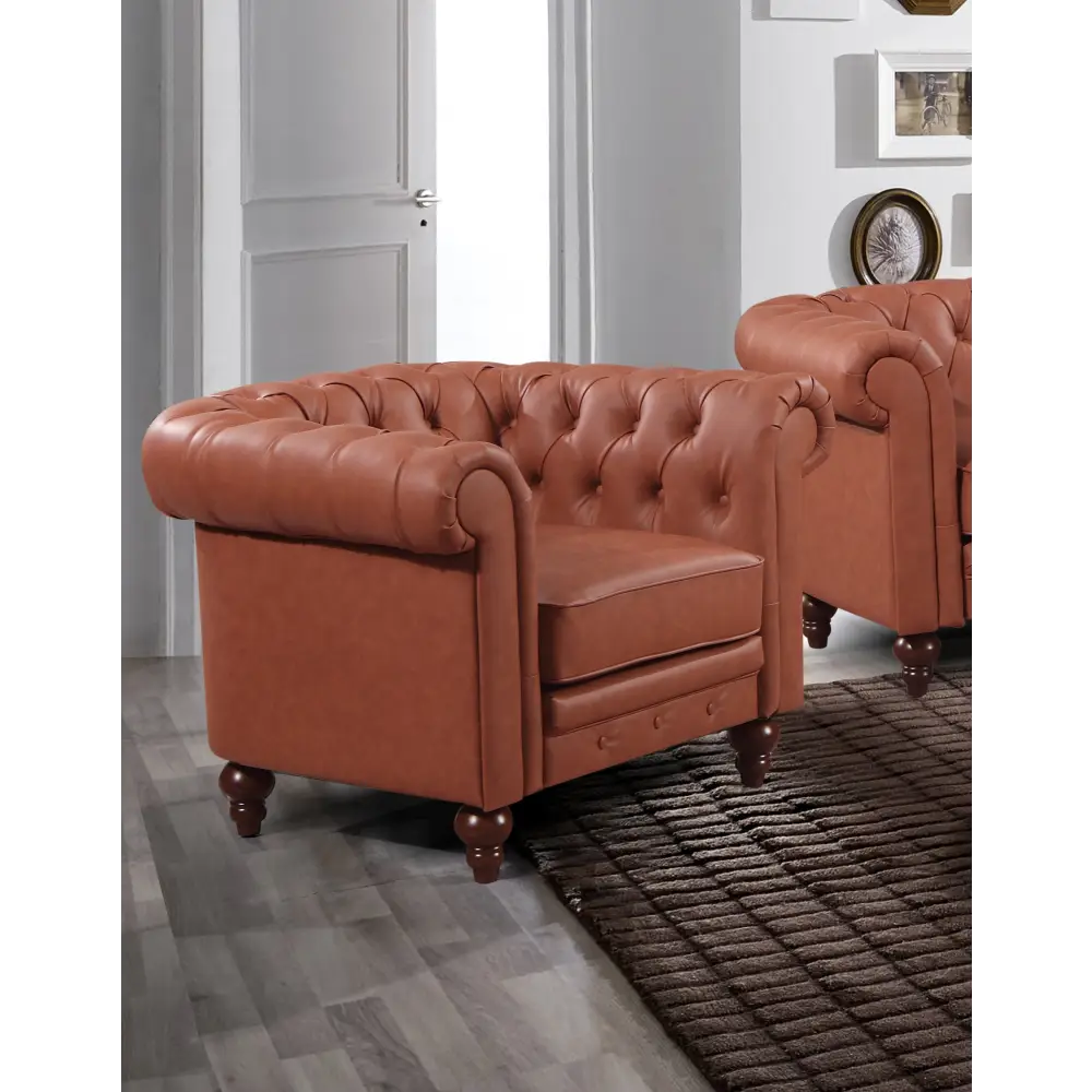 Single Seater Brown Sofa Armchair for Lounge Chesterfireld Style Button Tufted in Faux Leather - Furniture > Sofas