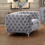 Single Seater Grey Sofa Classic Armchair Button Tufted in Velvet Fabric with Metal Legs - Furniture > Sofas