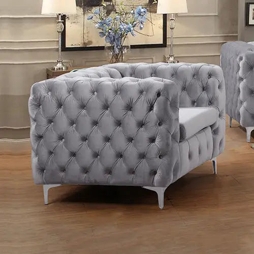 Single Seater Grey Sofa Classic Armchair Button Tufted in Velvet Fabric with Metal Legs - Furniture > Sofas