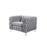 Single Seater Grey Sofa Classic Armchair Button Tufted in Velvet Fabric with Metal Legs - Furniture > Sofas