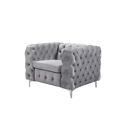 Single Seater Grey Sofa Classic Armchair Button Tufted in Velvet Fabric with Metal Legs - Furniture > Sofas