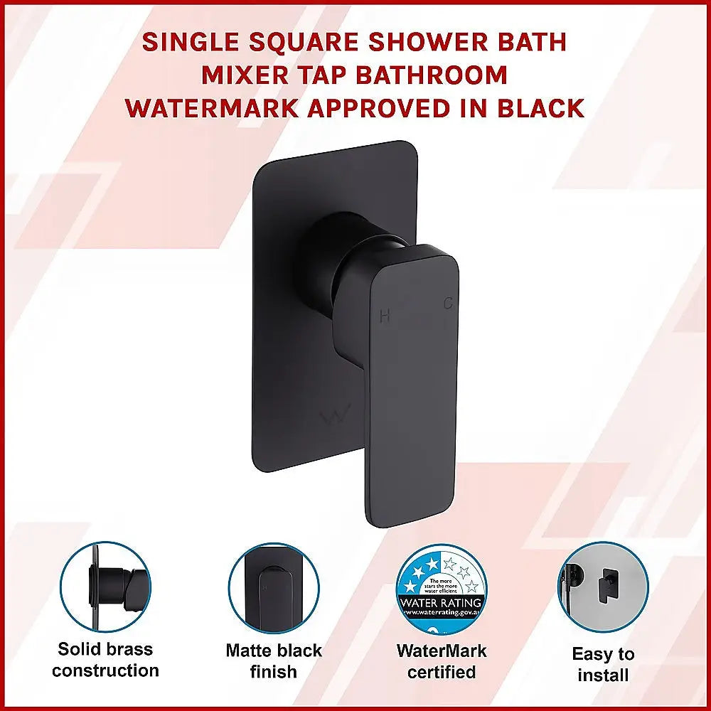 Single Square Shower Bath Mixer Tap Bathroom WATERMARK Approved in Black - Furniture > Bathroom > Tap & Sink Accessories