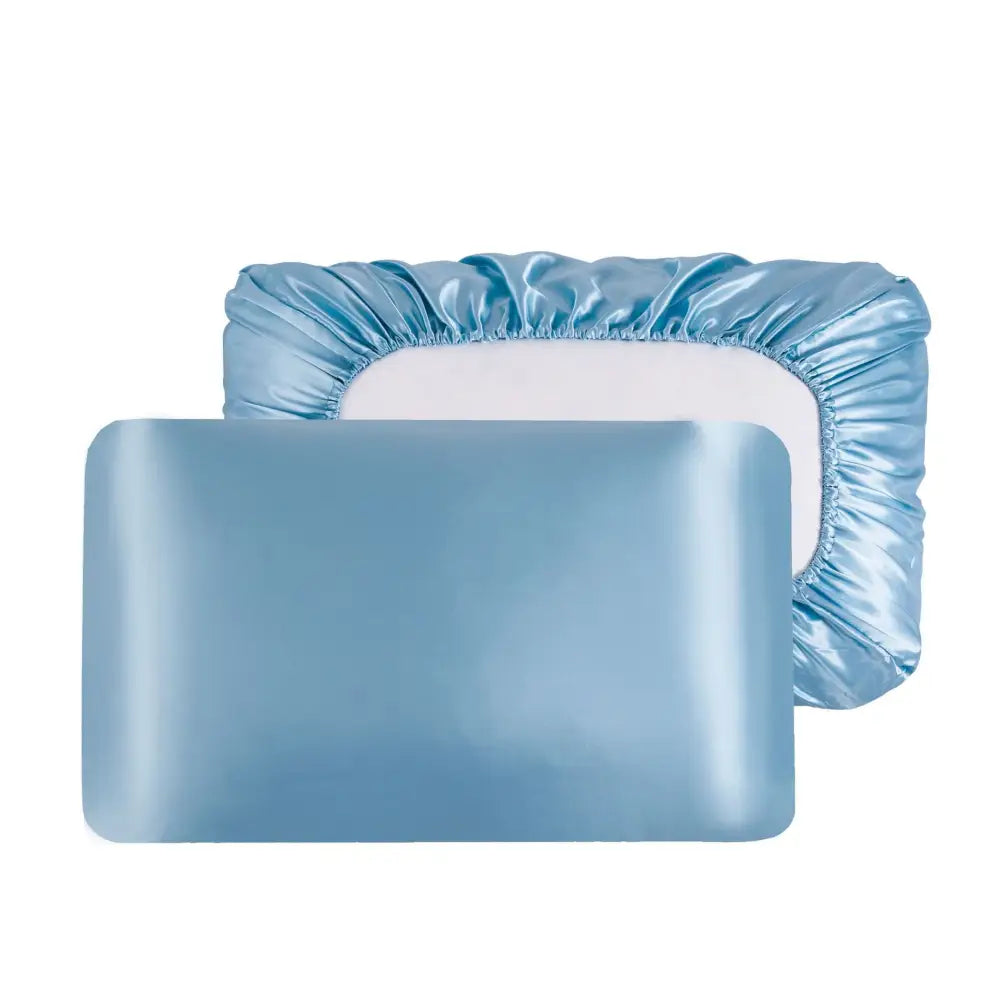 Sky Blue Silky Satin Pillowcase Pair - Smooth for Hair & Skin Elastic Fitted (46x90 + 16cm) - Home & Garden > Bedding >
