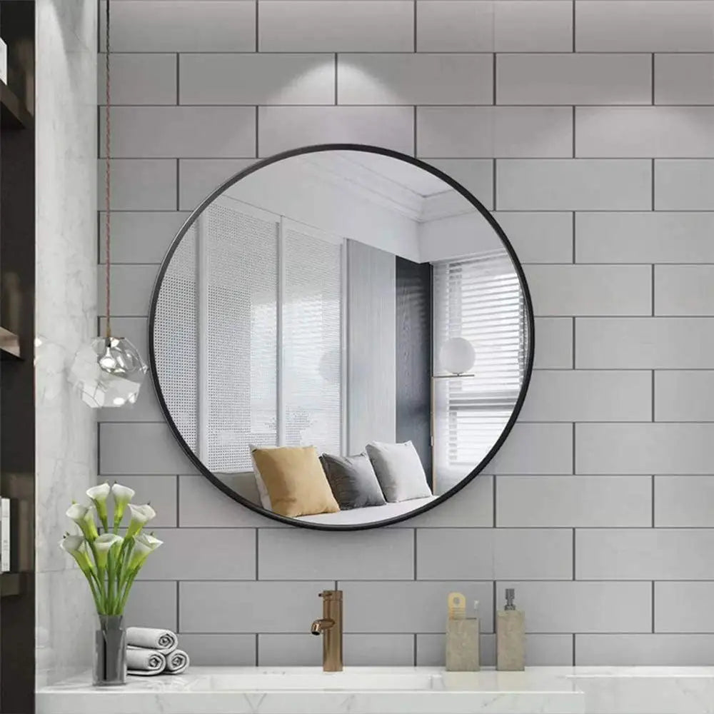 Slim Design 50CM Black Bathroom Living Room Hallway Mirror Round Mirror Wall Decor Metal Frame - Home & Garden > Decor