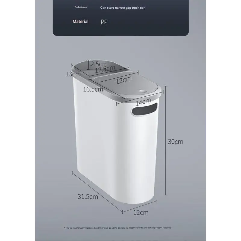 Slim Press-Top Trash Can with Top Storage Compartment - Narrow Design for Bathroom & Small Spaces(Ash cover + ash