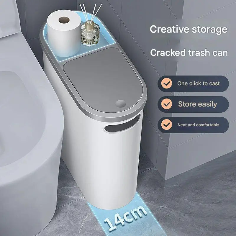 Slim Press-Top Trash Can with Top Storage Compartment - Narrow Design for Bathroom & Small Spaces(Ash cover + ash
