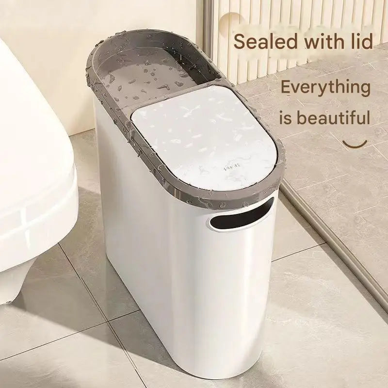 Slim Press-Top Trash Can with Top Storage Compartment - Narrow Design for Bathroom & Small Spaces(White cover + ash