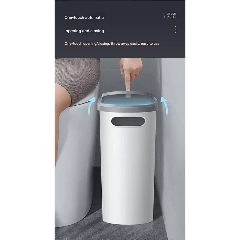 Slim Press-Top Trash Can with Top Storage Compartment - Narrow Design for Bathroom & Small Spaces(Ash cover + ash