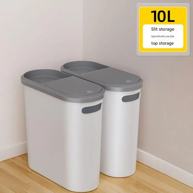 Slim Press-Top Trash Can with Top Storage Compartment - Narrow Design for Bathroom & Small Spaces(White cover + ash
