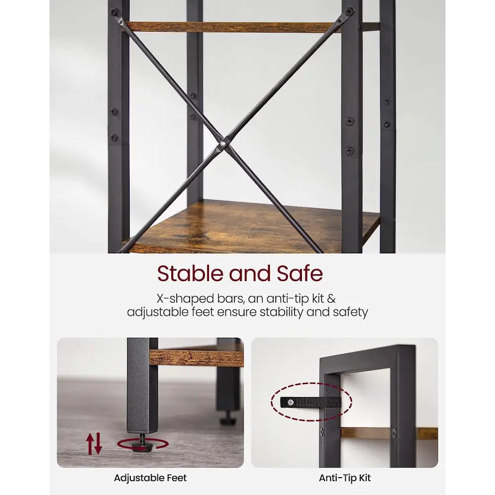 Small 6-Tier Industrial Bookshelf Rustic Brown Black - Furniture > Living Room