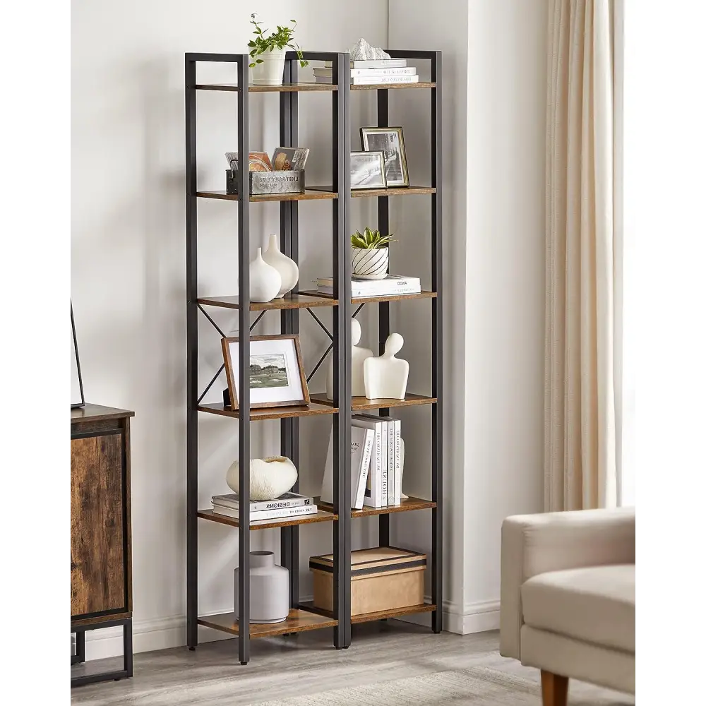 Small 6-Tier Industrial Bookshelf Rustic Brown Black - Furniture > Living Room
