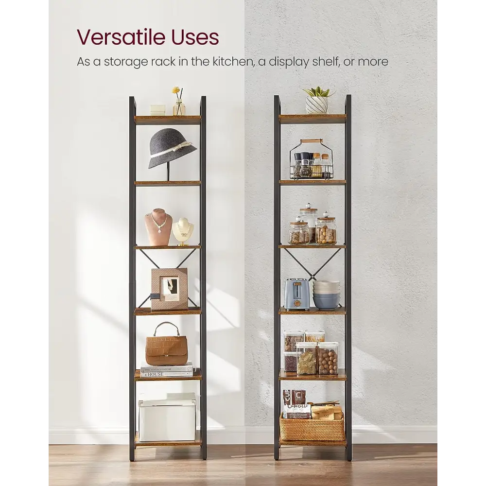Small 6-Tier Industrial Bookshelf Rustic Brown Black - Furniture > Living Room