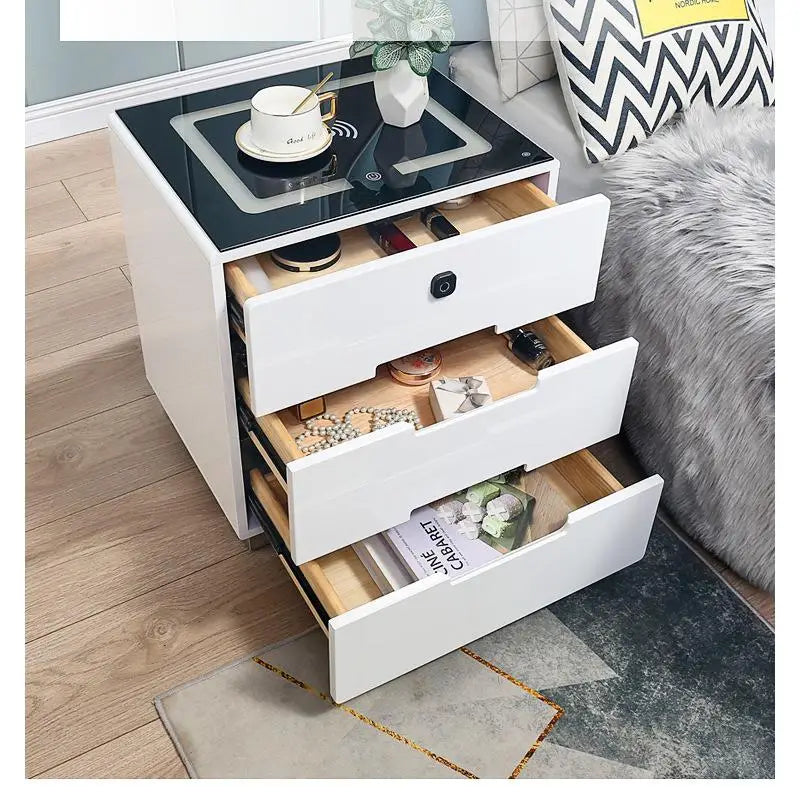 Smart Bedside Tables Finger Print Lock Side 3 Drawers Wireless Charging USB Nightstand LED AU - Furniture > Bedroom >