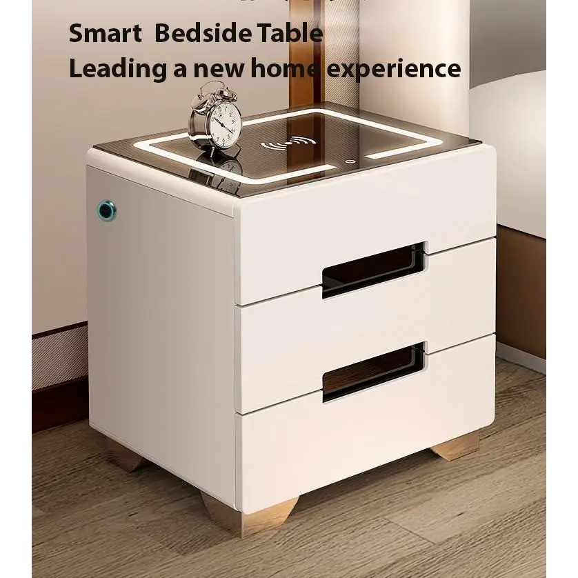 Smart Bedside Tables Side 3 Drawers Wireless Charging Nightstand LED Light USB Right Hand Connection - Furniture >