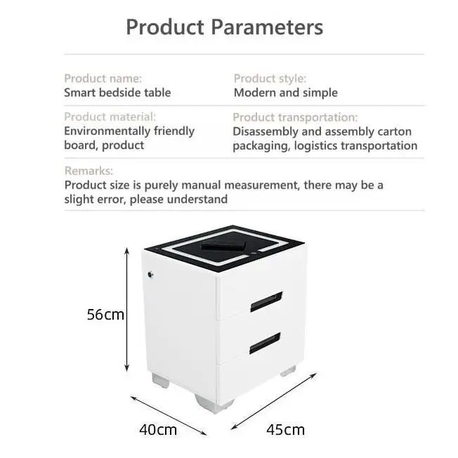 Smart Bedside Tables Side 3 Drawers Wireless Charging Nightstand LED Light USB Left Hand Connection - Furniture >