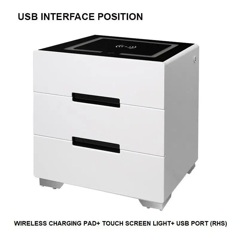 Smart Bedside Tables Side 3 Drawers Wireless Charging Nightstand LED Light USB Right Hand Connection - Furniture >