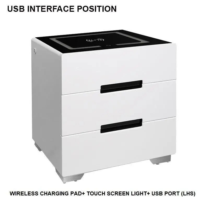 Smart Bedside Tables Side 3 Drawers Wireless Charging Nightstand LED Light USB Left Hand Connection - Furniture >