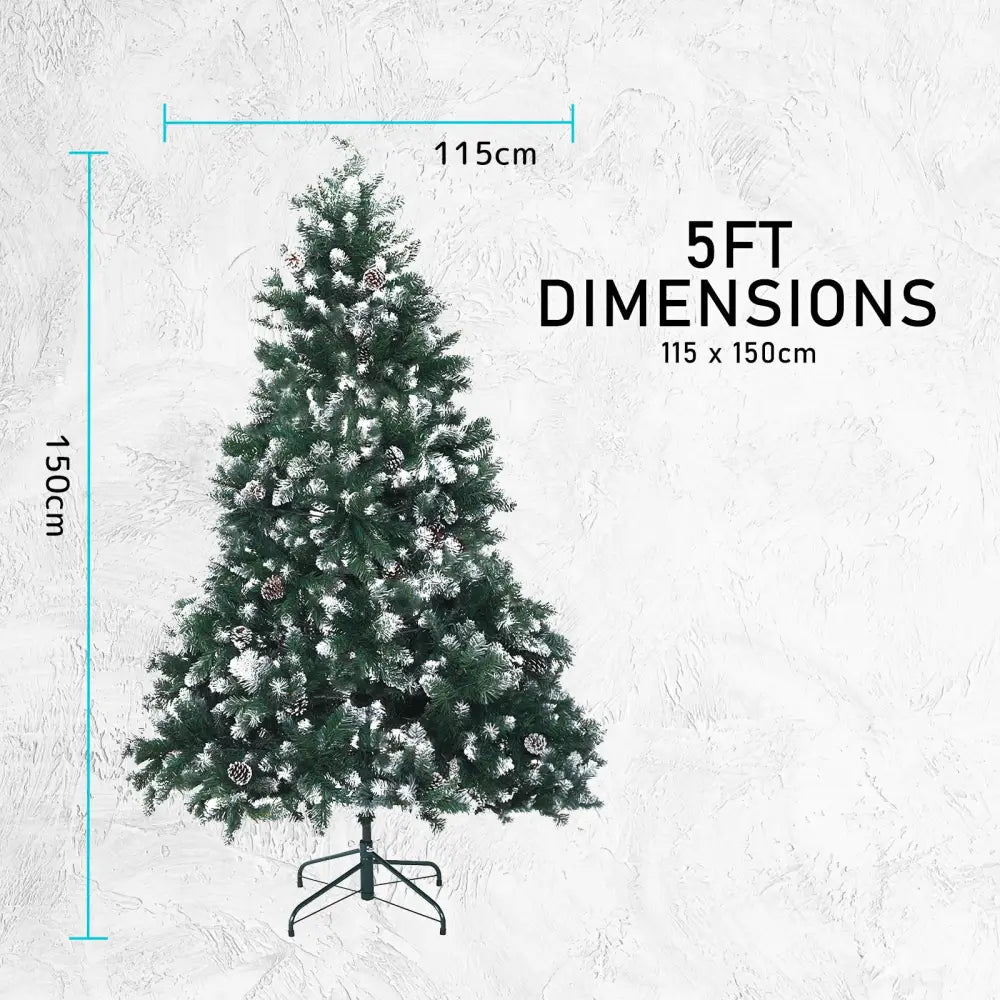 Snowy Christmas Tree Xmas Pine Cones 5Ft 150cm 720 tips + Bauble Balls - Occasions > Christmas > Christmas Trees