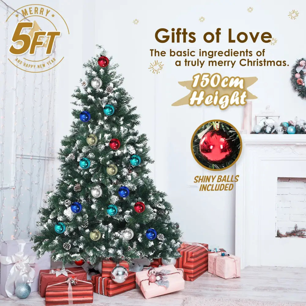 Snowy Christmas Tree Xmas Pine Cones 5Ft 150cm 720 tips + Bauble Balls - Occasions > Christmas > Christmas Trees