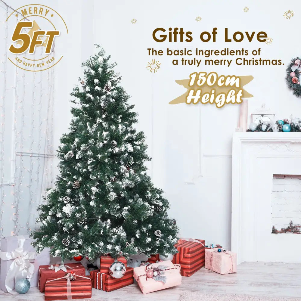 Snowy Christmas Tree Xmas Pine Cones 5Ft 150cm 720 tips GREEN - Occasions > Christmas > Christmas Trees