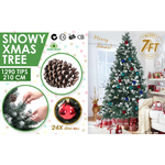 Snowy Christmas Tree Xmas Pine Cones 7Ft 210cm 1290 tips + Bauble Balls - Occasions > Christmas > Christmas Trees