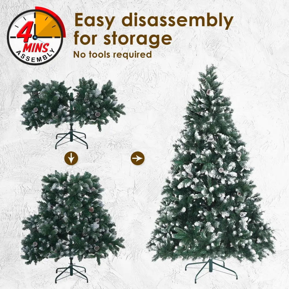 Snowy Christmas Tree Xmas Pine Cones 7Ft 210cm 1290 tips + Bauble Balls - Occasions > Christmas > Christmas Trees