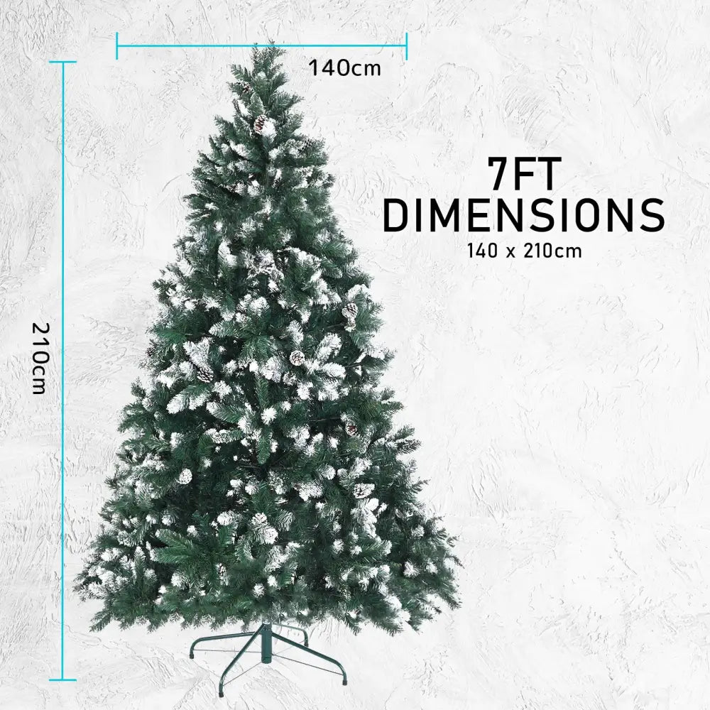 Snowy Christmas Tree Xmas Pine Cones 7Ft 210cm 1290 tips + Bauble Balls - Occasions > Christmas > Christmas Trees