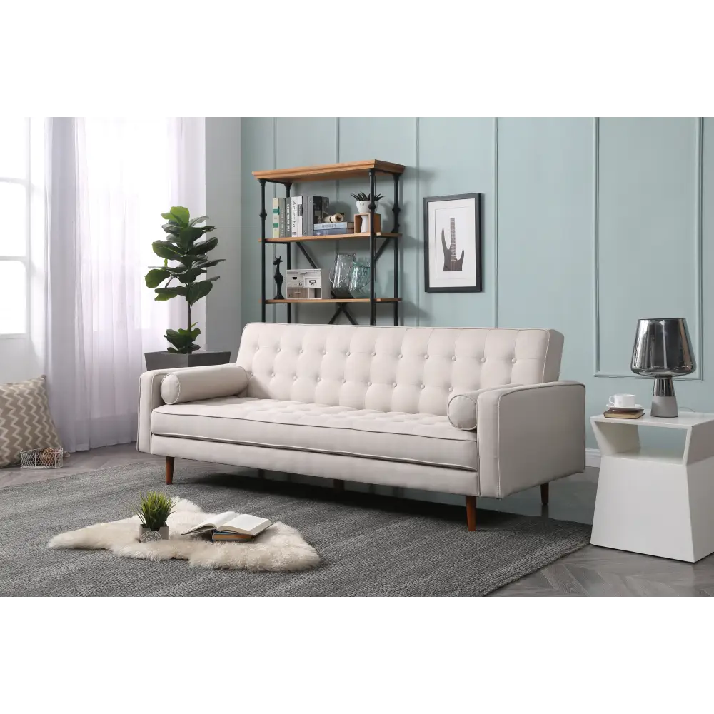 Sofa Bed 3 Seater Button Tufted Lounge Set for Living Room Couch in Fabric Beige Colour - Furniture > Sofas