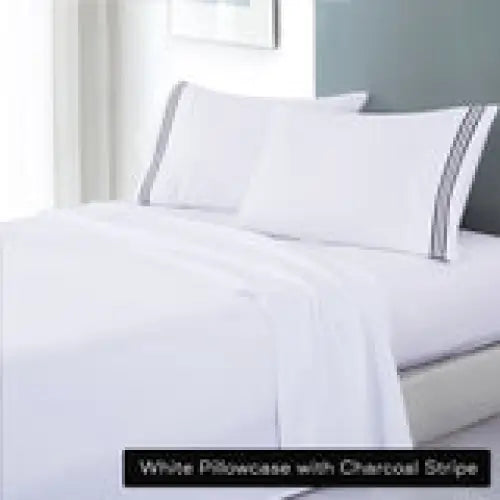 soft microfibre embroidered stripe sheet set double white pillowcase charcoal stripe - Home & Garden > Bedding
