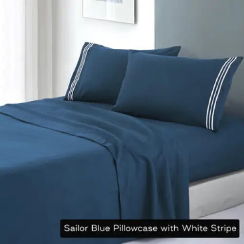soft microfibre embroidered stripe sheet set king single sailor blue pillowcase white stripe - Home & Garden > Bedding