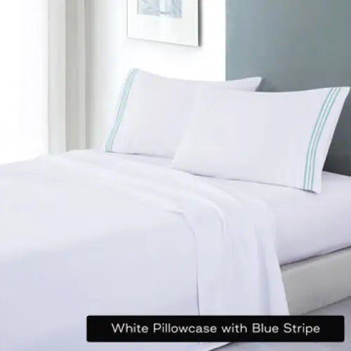 soft microfibre embroidered stripe sheet set king white pillowcase blue stripe - Home & Garden > Bedding
