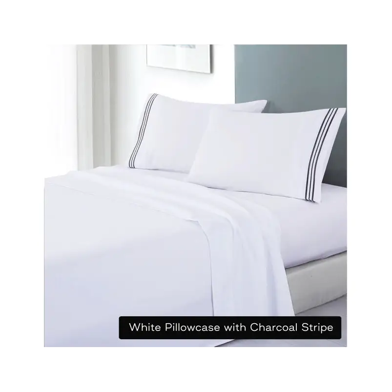 soft microfibre embroidered stripe sheet set queen white pillowcase charcoal stripe - Home & Garden > Bedding