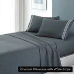 soft microfibre embroidered stripe sheet set single charcoal pillowcase white stripe - Home & Garden > Bedding