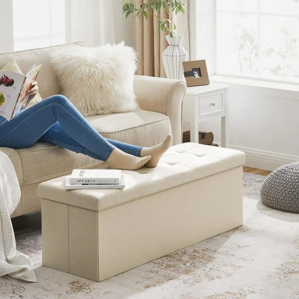 SONGMICS 109cm Folding Storage Ottoman Bench Beige - Furniture > Living Room > Ottomans & Footstools